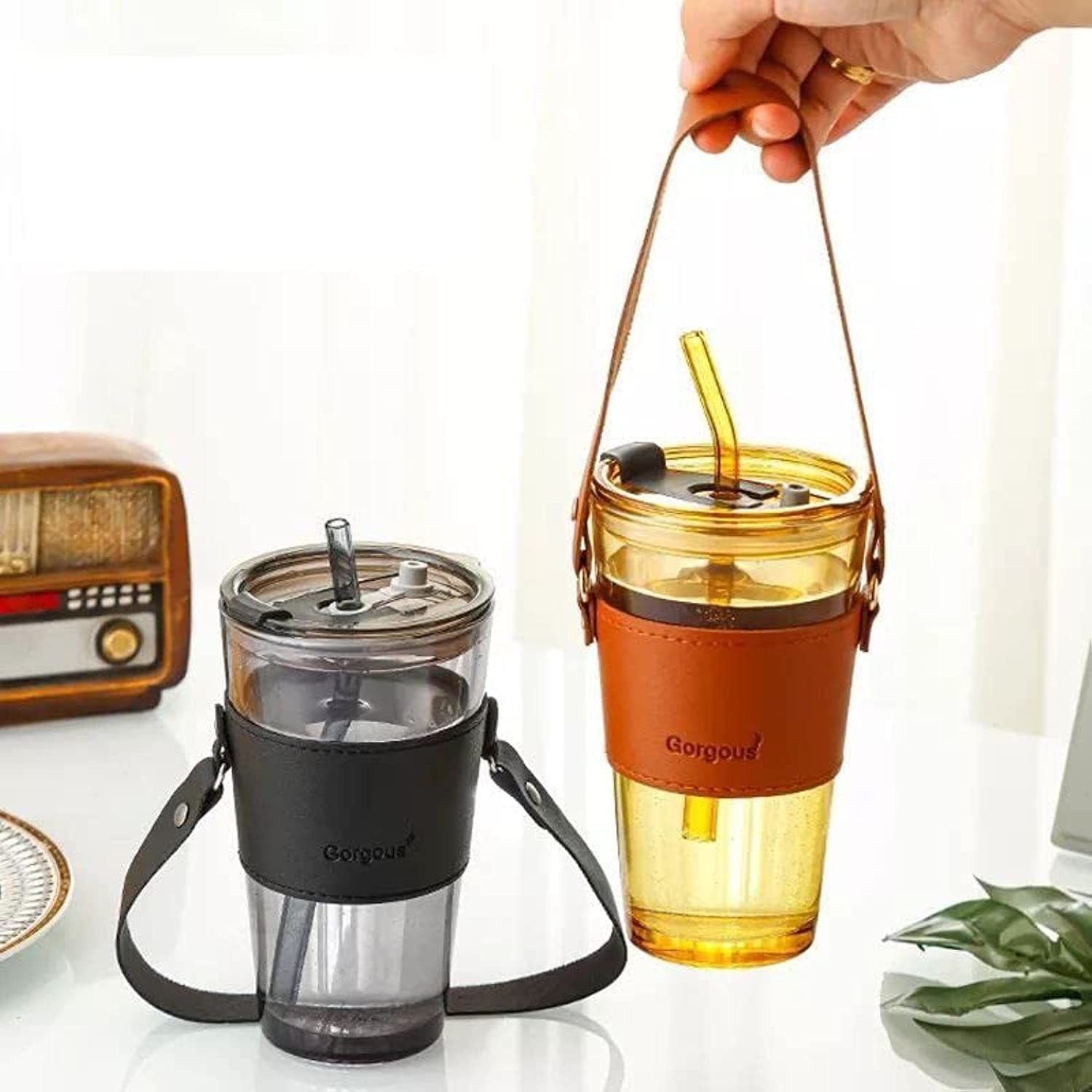Glass Tumbler with Glass Straw and Lid